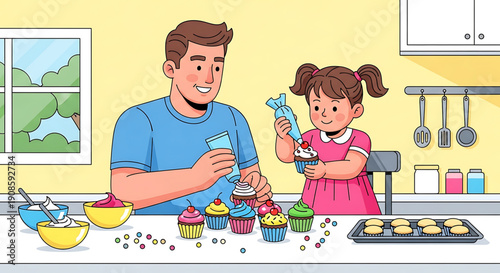 A man and a little girl decorating cupcakes together on a kitchen counter with colorful frosting and sprinkles