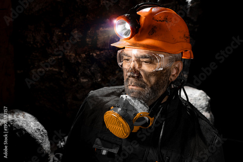 Foto Coal miner with a dirty face in black dust, wearing a protective helmet with a flashlight, filtering respirator and work clothes for working in mine