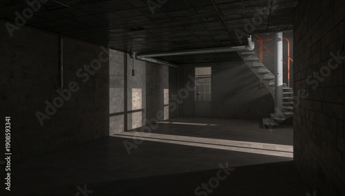 Light Shines Through Windows in an Empty Basement With Stairs in a Building
