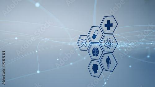 Medical and scientific symbols represented by hexagons connected with futuristic blue lines and glowing dots conveying a sense of innovation and healthcare technology advancements.