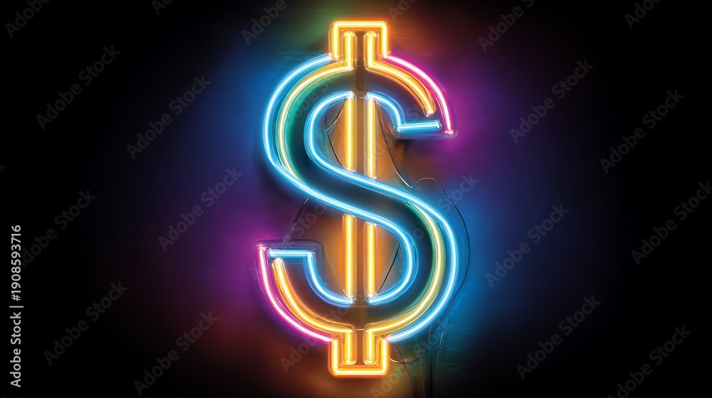 Obraz premium Colorful neon dollar sign glowing on a dark background