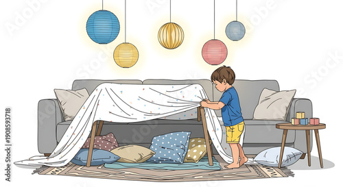 A young boy building a fort with blankets and pillows on a couch at home
