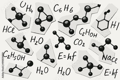 Science illustration with molecular models, chemical formulas and equations in hand-drawn style. Educational chemistry background showing organic compounds and physics formulas.