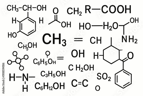 Black and white chemistry illustration with organic formulas, molecular structures and chemical symbols arranged in clean scientific layout on light background.