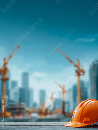 Orange safety helmet resting on a wooden surface with blurred construction cranes and city skyline under a clear blue sky in the background