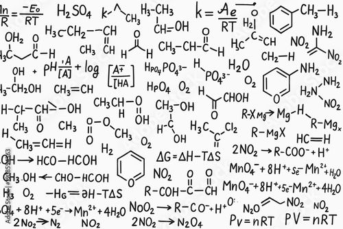 Hand drawn chemistry formulas, chemical structures and equations on white background. Scientific research and education concept illustration.