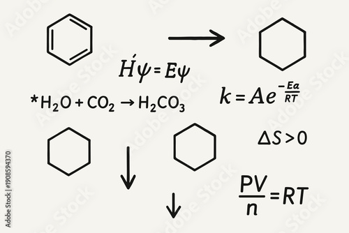 Chemistry and physics formula illustration with molecular structures, equations and reaction arrows. Educational science graphic for textbooks, presentations and STEM materials.