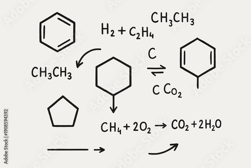 Chemistry reaction diagram illustration with molecular structures, chemical formulas and arrows. Educational science graphic showing organic chemistry processes in line style.