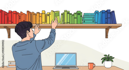 Man reaching for books on a colorful shelf in front of a laptop and plant on a desk in a home office setting