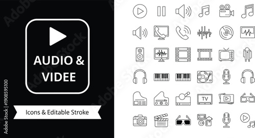 Audio and video icon set with media player buttons music notes camera film television headphones microphone and sound wave symbols