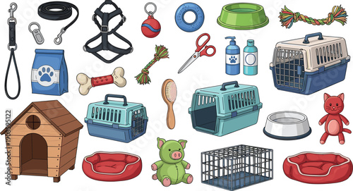Large collection of pet care accessories including dog house, carriers, beds, toys, grooming tools, and food bowls isolated on a white background.