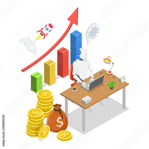3D Isometric Flat Vector Illustration of AI Sales Improvement, Increase Revenue, Investment or Growing Sales. Item 1