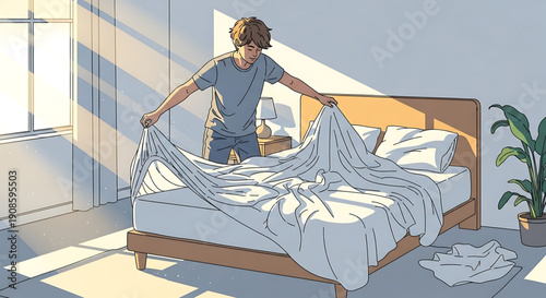 A man making his bed in a bright and sunny bedroom with a plant