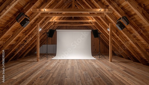 Studio Setup Inside a Spacious Attic With Wooden Beams and Soft Lighting for Creative Work
