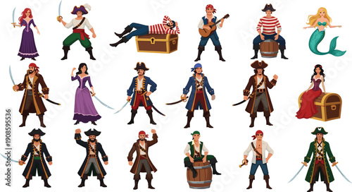 Large Set of Diverse Pirate Characters Including Captains Sailors and a Mermaid with Treasure Chests Swords and Musical Instruments for Nautical Adventure Design Projects