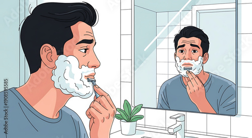 Man shaving face with shaving cream in bathroom with mirror and plant on sink