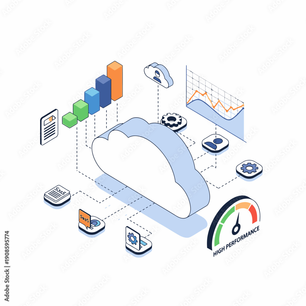 Obraz premium Isometric illustration of cloud computing infrastructure with data analytics, business processes, and high-performance indicators.