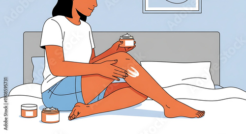 Woman applying lotion to her leg while sitting on a bed with jars of cream