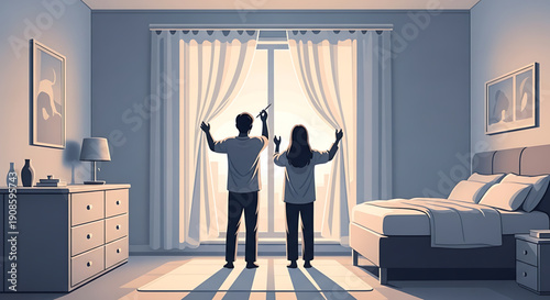 Couple opening curtains in a modern bedroom with sunlight streaming in through a large window with white curtains
