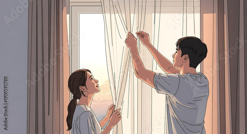 Couple installing or adjusting curtains or blinds together in a room with a window