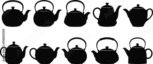 Set of Black Teapot and Tea Kettle Silhouettes Featuring Various Traditional and Modern Pot Designs for Kitchen Decor Cafe Menus and Afternoon Tea Graphic Projects