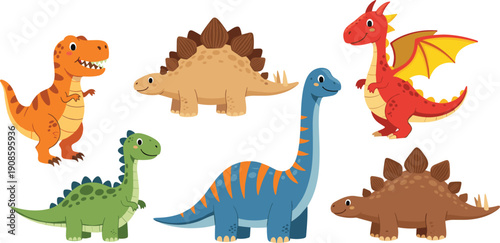Set of Cute Cartoon Dinosaur and Dragon Characters Featuring Tyrannosaurus Rex Stegosaurus and Brachiosaurus for Kids Education Fantasy Storytelling and Nursery Wall Art