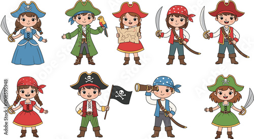Set of Cute Cartoon Pirate Children Characters Including Boys and Girls with Swords Treasure Maps and Parrots for Kids Adventure and Nautical Birthday Party Design