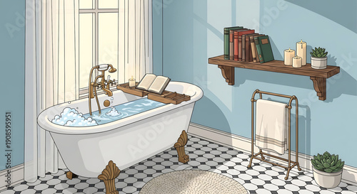 A serene bathroom scene featuring a white bathtub filled with water and bubbles, placed beside a window with a wooden shelf and towel rack nearby