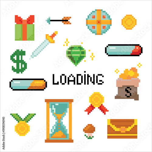 Set of objects. Pixel art. Game elements. Environment for Retro 8 bit icons for old school platformer video game. Vector illustration isolated on white background.