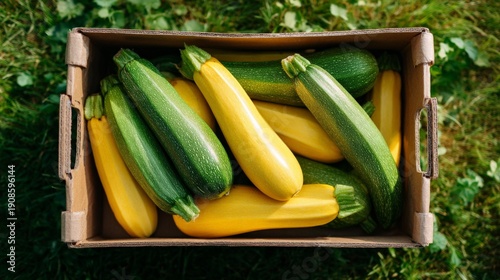 Fresh harvest of green and yellow zucchinis in a wooden box on grass