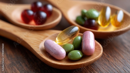 Wooden spoons with multicolored pills and capsules on wooden surface
