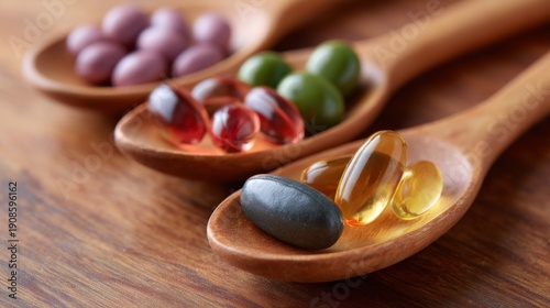 Assorted dietary supplements on wooden spoons: capsules and softgels on wooden surface