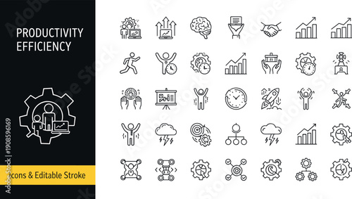 Productivity and efficiency icon set with time management gear strategy growth success teamwork goal analysis professional business cad drawing flat vector illustration