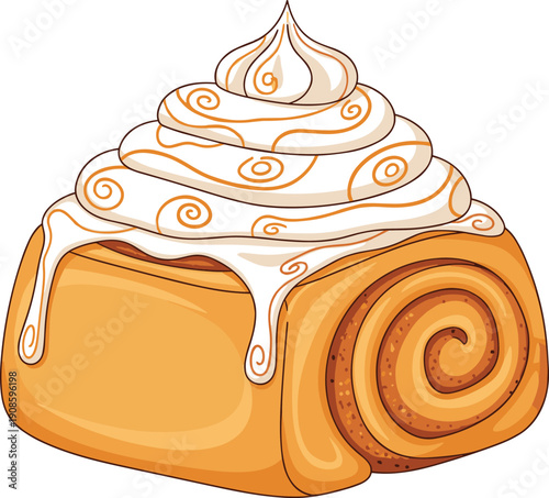 Sweet cinnamon roll illustration with thick white swirled frosting and caramel drizzle, delicious bakery pastry isolated on a white background for food design.