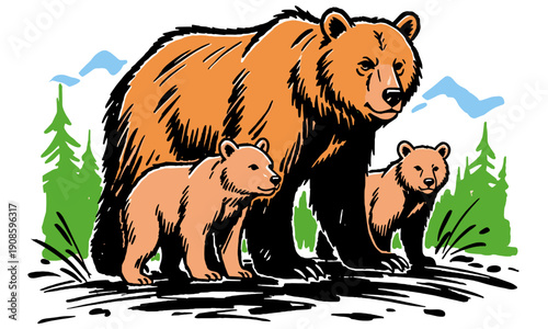 Grizzly bear mother and cubs in forest nature reserve illustration. Wildlife family graphic design for t shirt print, poster, and sticker.