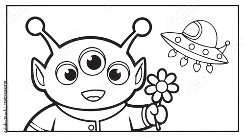 Cartoon alien holding flower with UFO in coloring book style  