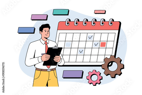 A man in a white shirt and red tie stands next to a calendar with a clipboard in hand, planning his schedule.