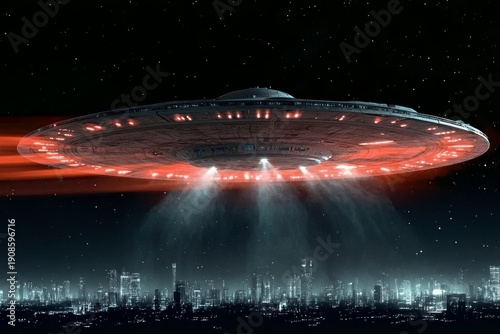Futuristic UFO hovering above a city skyline at night, illuminated by red lights, with beams of light shining down, creating otherworldly atmosphere and intrigue about extraterrestrial life. UFO Day