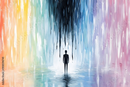 Figure under black paint in vibrant world,concept of depression in color,disconnection from joy,expression of disconnection from joy in emotional overload,depression in color as collapse,copy space