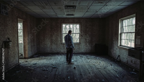 Person Standing in an Abandoned Room With Dirty Walls and Broken Floor in the Woods
