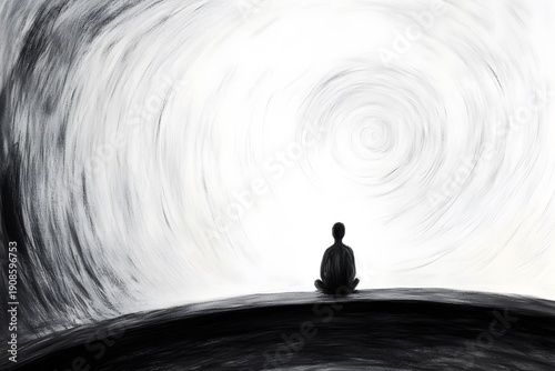Silhouette of a person sitting in meditation on a dark hill, surrounded by swirling monochrome patterns, representing inner emptiness and mental fatigue in a contemplative atmosphere