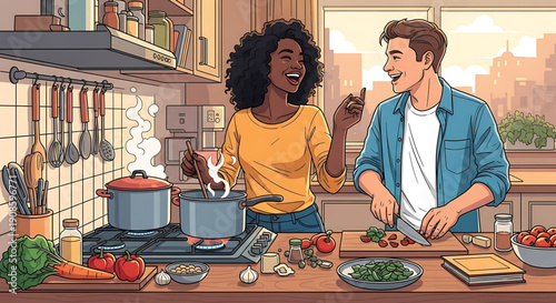 Couple cooking together in a modern kitchen with various ingredients and utensils on the countertop and a city view outside the window