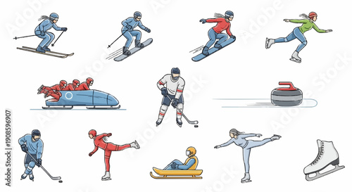 A colorful vector graphic illustration of various winter sports athletes in action, showcasing skiing, ice hockey, curling, and figure skating.