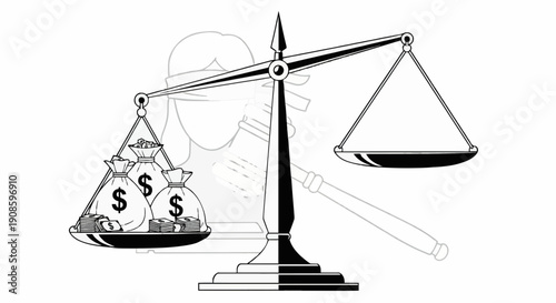 A vector graphic illustration of a scale weighing money bags against a judge's gavel, symbolizing justice and finance.