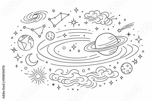 Space coloring page with Saturn, planets, Earth, moon, stars, clouds and constellations. Black and white doodle line art illustration for kids education and coloring books.