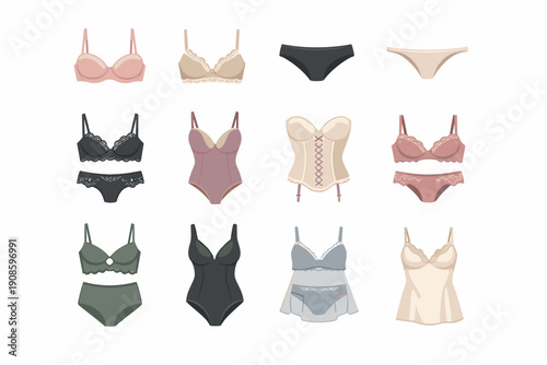 Women lingerie collection with bras, panties, corsets and bodysuits in neutral tones. Modern underwear icon set in flat vector style for fashion retail and design.