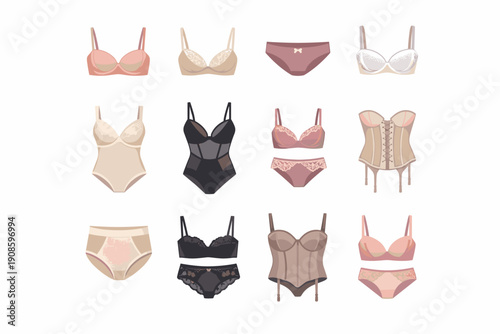 Women lingerie icon set with bras, panties, corsets and bodysuits in soft pastel tones. Fashion underwear collection in flat vector style for retail and design use.