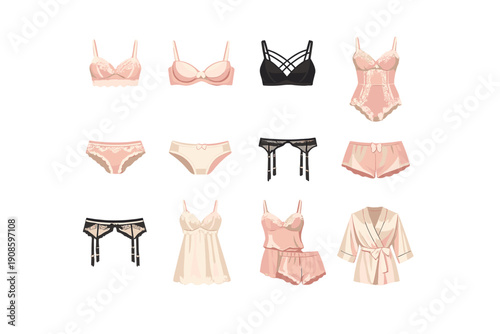 Elegant lingerie and sleepwear illustration set featuring bras, panties, bodysuit, garter belts, nightdress and robe. Flat vector icons in pastel and black accents.
