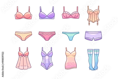 Pastel lingerie illustration set with bras, panties, corset, bodysuit, nightdress and stockings. Flat vector fashion icons in soft colors for beauty, apparel and UI design.