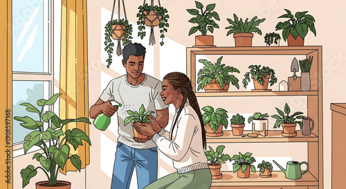 A man and woman are standing in a room with many potted plants on shelves and hanging from the ceiling, smiling at each other while holding a plant